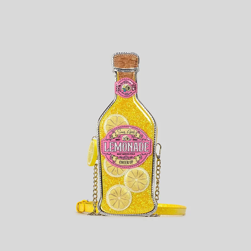

Creative Yellow Lemonade Bottle Design Crossbody Bags for Women Funny Cute Chains Shoulder Bag Shinny Sequins Small Phone Purses
