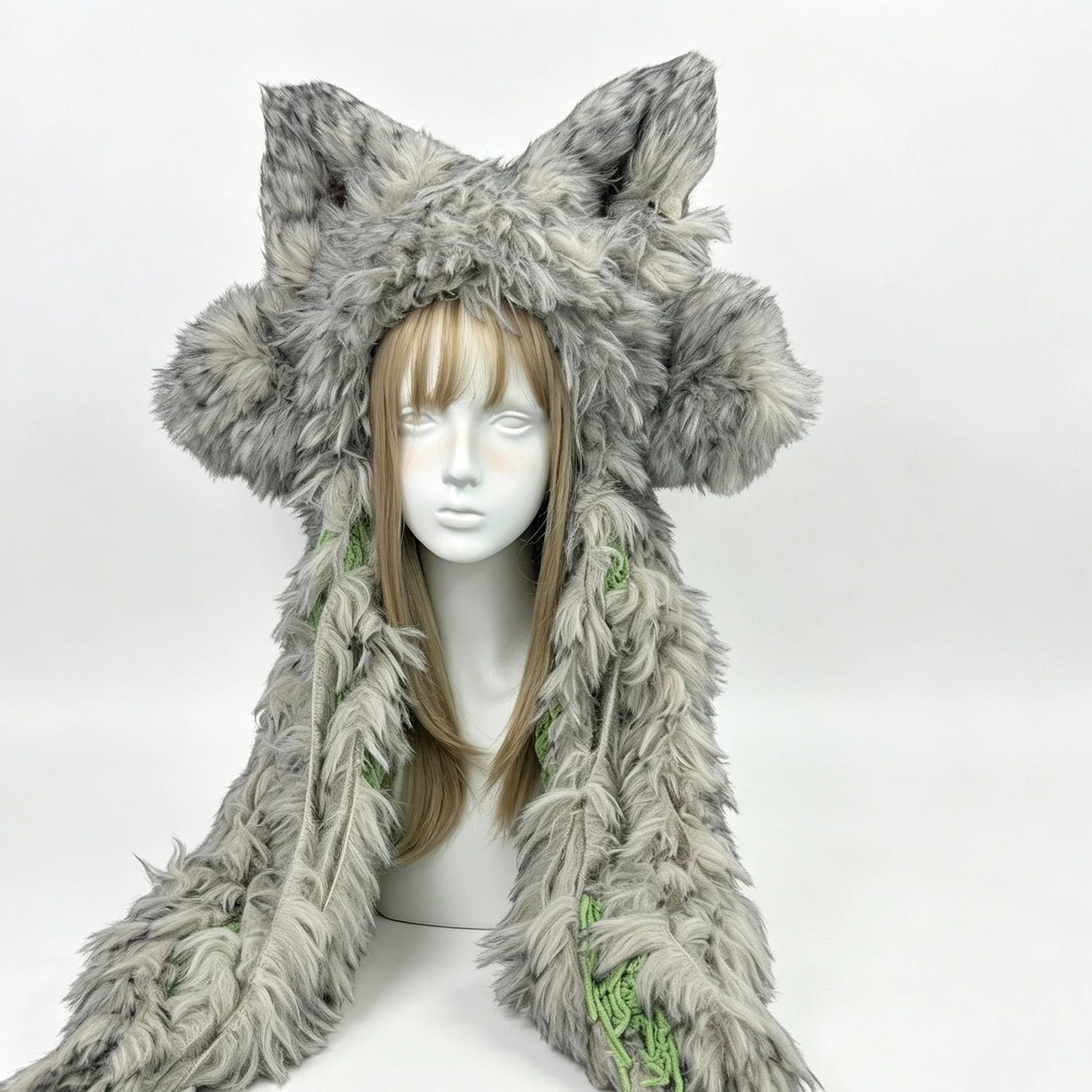 Custom Handmade Crochet Gray Wolf Ears Hat Men Winter Warm Green Tie Knitted Beanie Women Woodland Festival Gothic Cosplay Hood