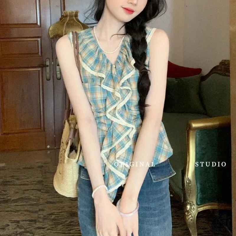 Sweet Spicy Summer Women's Lolita 2024 New Spliced V-neck Button Ruffles Plaid Lace Sleeveless Fashion Casual Blouses Shirts