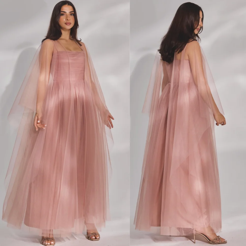 Tulle Pleat Valentine's Day A-line Square Neck Bespoke Occasion Gown Midi Dresses