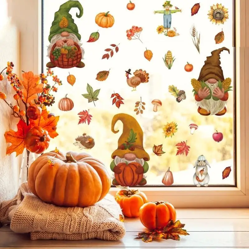 L9BE Autumn Party Window PVC Stickers 9 Pack Fall Maple Leaf Pumpkin Gnome Window Clings Decals for Festive Home Decoration