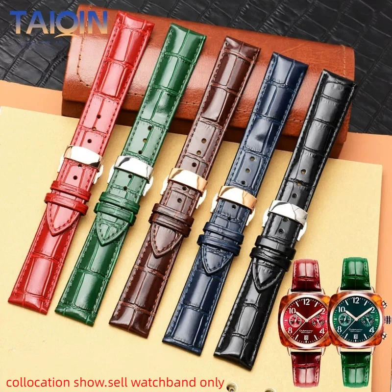 

COW Genuine leather watchband 18 19 20mm 21 22mm glossy green blue Dark brown watch strap Butterfly Clasp men wristband bracelet