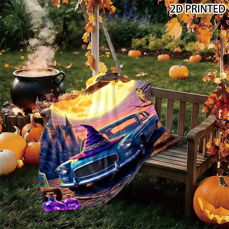 Whimsical Halloween Fantasy Night Print Throw Blanket, Magical Wizard Themed Design with Full Moon, Castle, Owl & Vintage Car, C