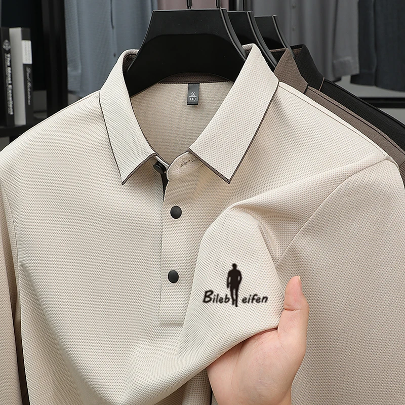 

Высококачественная мужская рубашка-поло, однотонная, простая, с буквенным принтом, с длинным рукавом, осенняя футболка с лацканами, деловая повседневная мужская одежда, топ