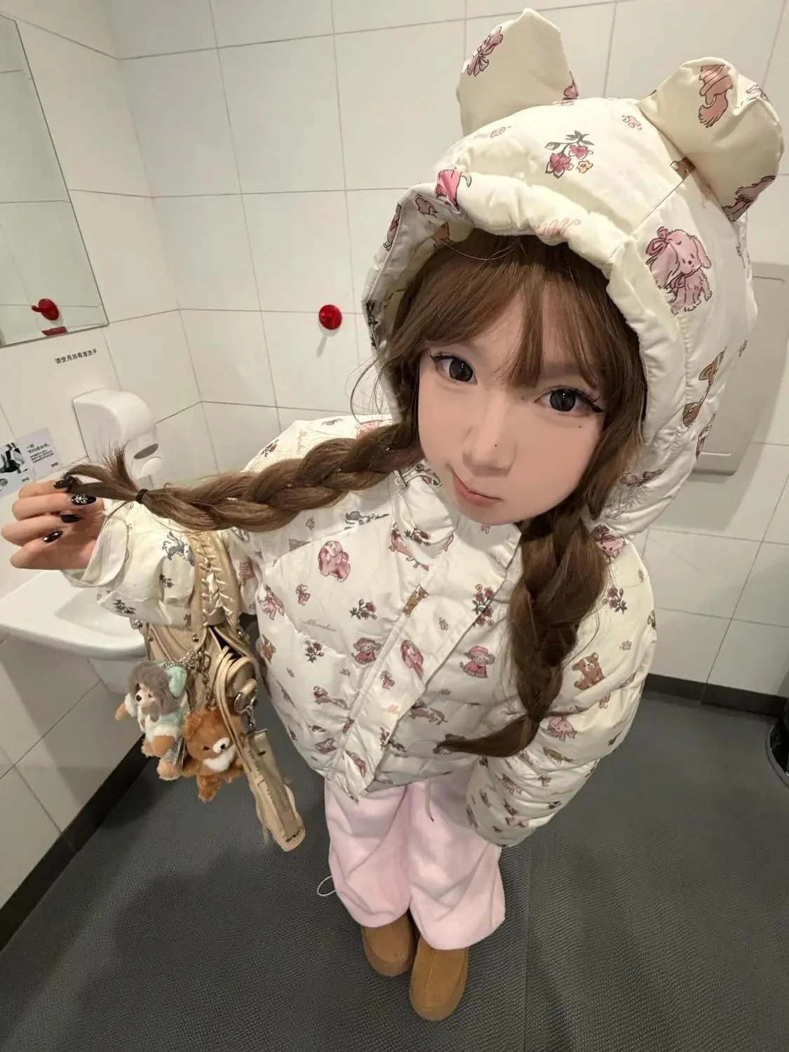 

American Sle ort Thiened Cotton Bread Coat for Women Winter Warm Hat Ear Dog Print Outerwear Casual Loose Fit Zipper