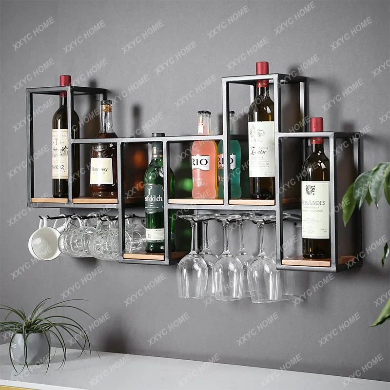 Nordic wrought iron red wine rack wall hanging wine cabinet wine glass rack creative decoration dining room living room wall