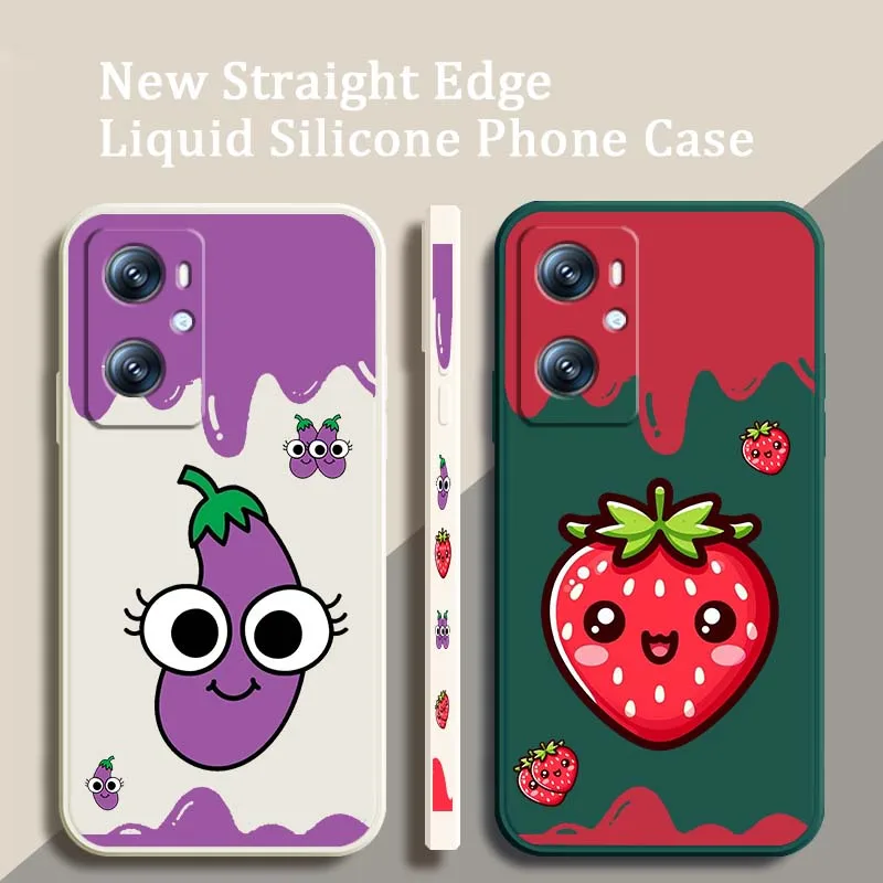 

Cartoon Strawberry Eggplant For OPPO Find X5 A11 A16K A53 A98 A3 A57 A72 A73 A96 A74 A9 A5 5G Liquid Left Rope Phone Case