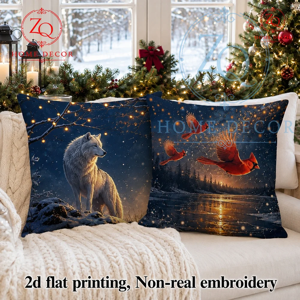 Winter Wilderness White Wolf Throw Pillow Cover Rustic Night Snowy Forest Cushion Case for Christmas Cozy Sofa Bedroom Decor