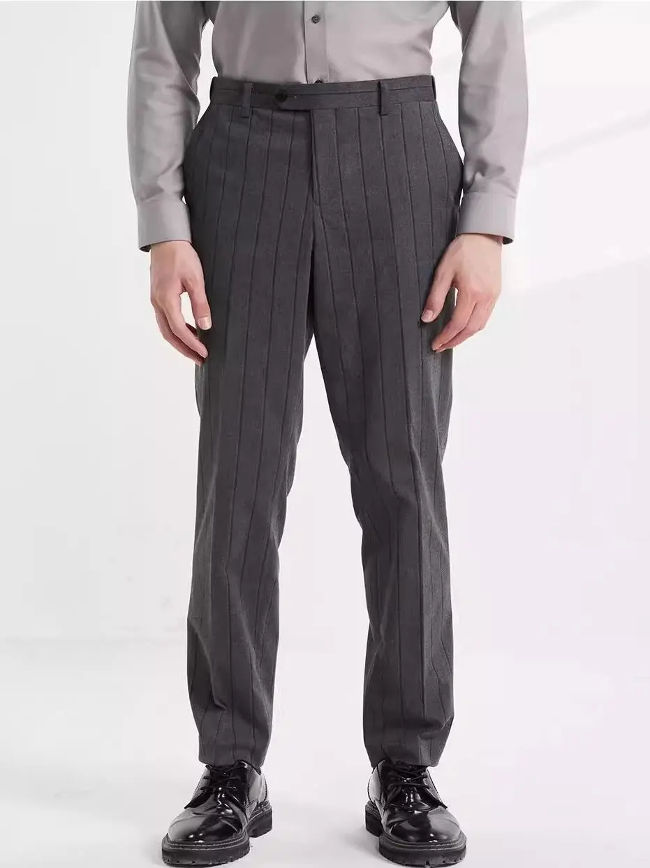 

Comfortable Men's Autumnal Western Pants Stand Fit Busin Casual Long Sve Striped Pattern Double Breasted Suit Trousers