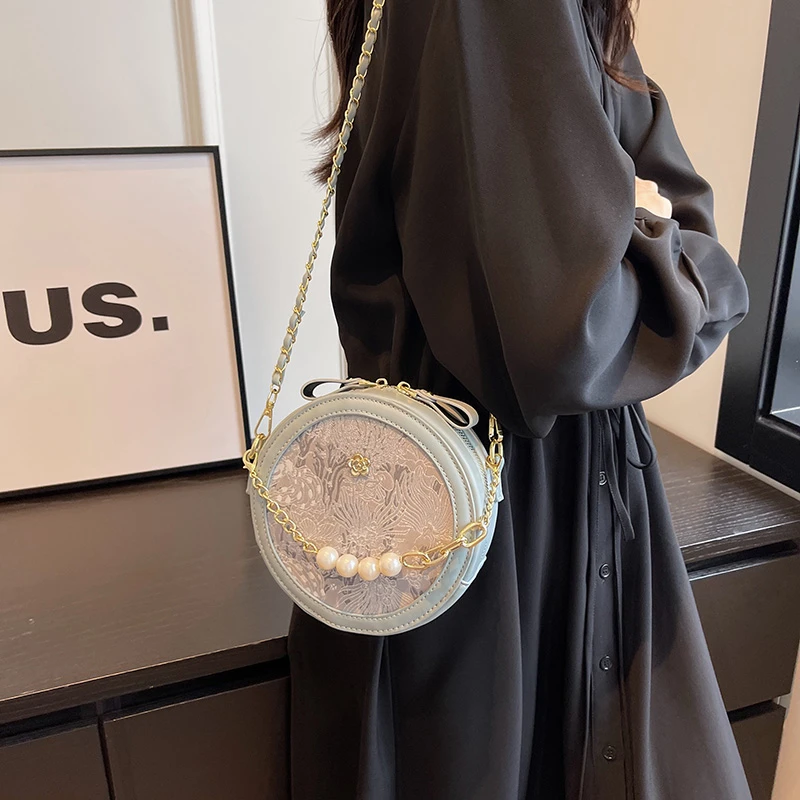 

Fashion New Single Shoulder Crossbody Bags Simple Leisure Hundred Temperament Fresh Sweet Pearl Chain Commuter Small Round Bags