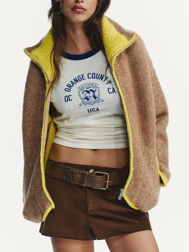 

High-End Knitted Pilot Jaet Outerwear for Women Winter New Layered Sle Long Sve ort Coat Collar Color Blo Ladies F...