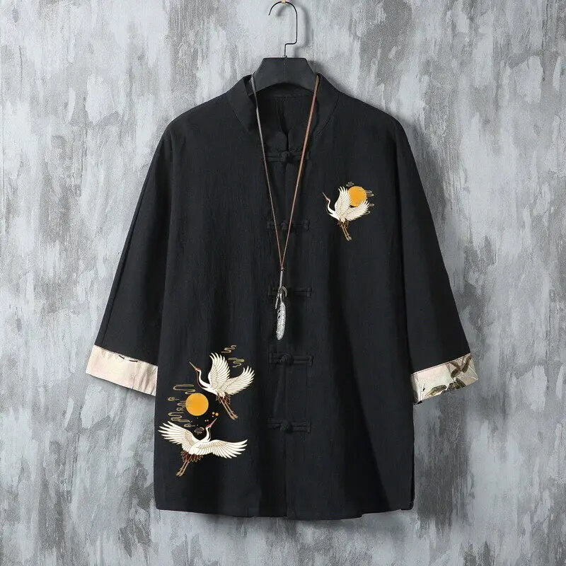 Men's Summer Sun & Crane Embroidered Short Sleeve Mandarin Collar Shirt Lightweight Linen Casual Top with Frog Buttons for Man