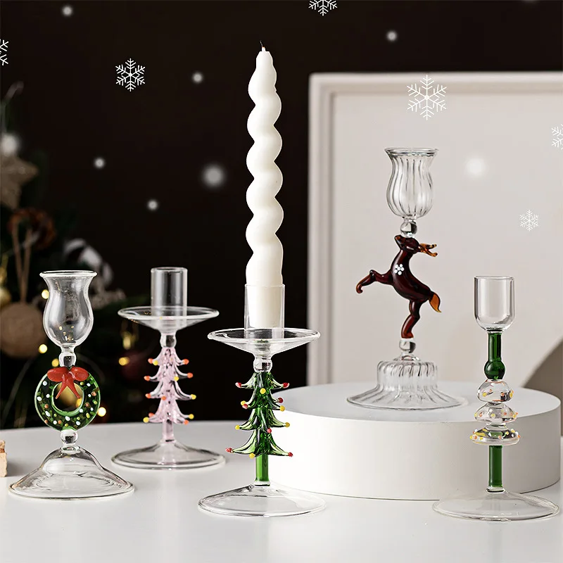 Colored Glass Christmas Series Deer Christmas Tree Shaped Candlestick Table Atmosphere Decoration Props