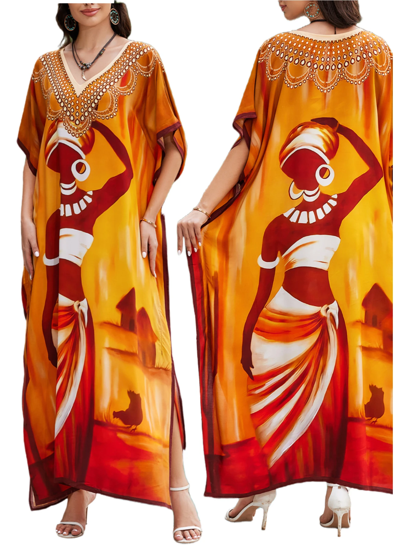 

MAKABO Kaftan Dresses for Women, V Neck Moo Moos Colorful Print Cover Ups Caftan Beach Dresses for Swimwear