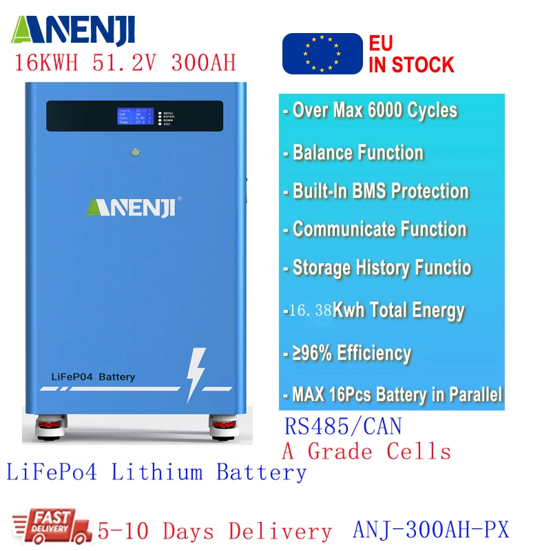 

Rack-mounted LiFePO4 Battery 51.2V 300Ah 15KWH 16KWH 48V 6000+ Cycles With CAN RS485 with BMS Support Parallel for Solar System