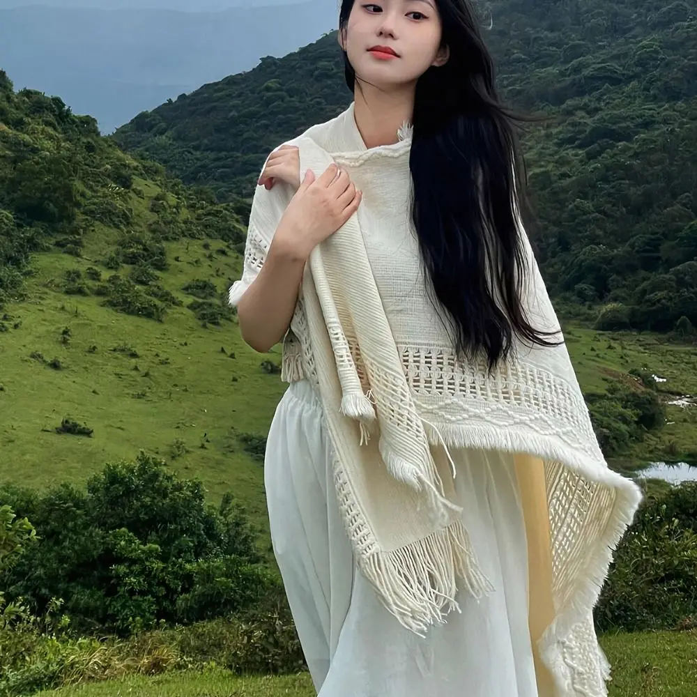 

Simple Tassel Knitted Hoodie Shawl Wrap Crochet Top Women Cloak Large Scarves Solid Color Evening Capes Autumn and Winter