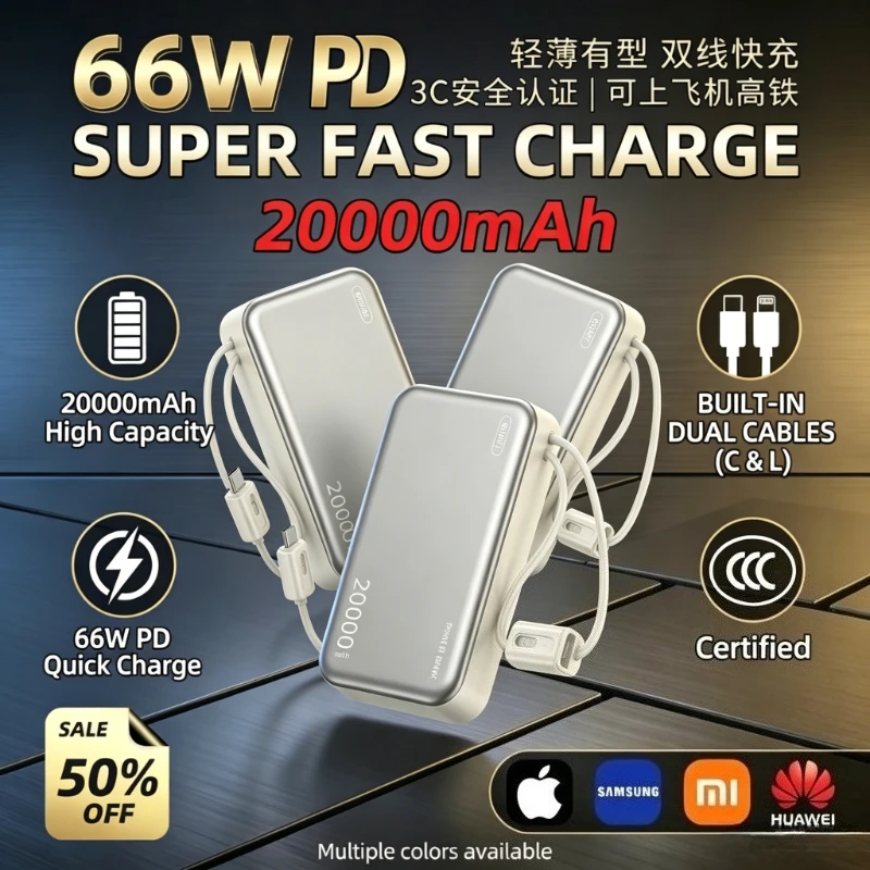 

3C Certified 20000mAh 66W Ultra Fast Portable External Power Pack Free Attached Cable For iPhone Samsung Huawei Smartphone