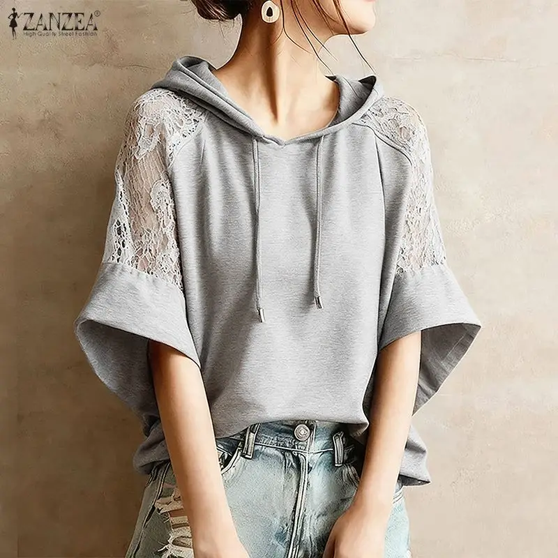 ZANZEA Blus Wanita Atasan Tambal Sulam Renda Tunik 2026 Kemeja Kasual Berkerudung Setengah Lengan Musim Panas Pullover Hoodie Fashion Blusa Solid