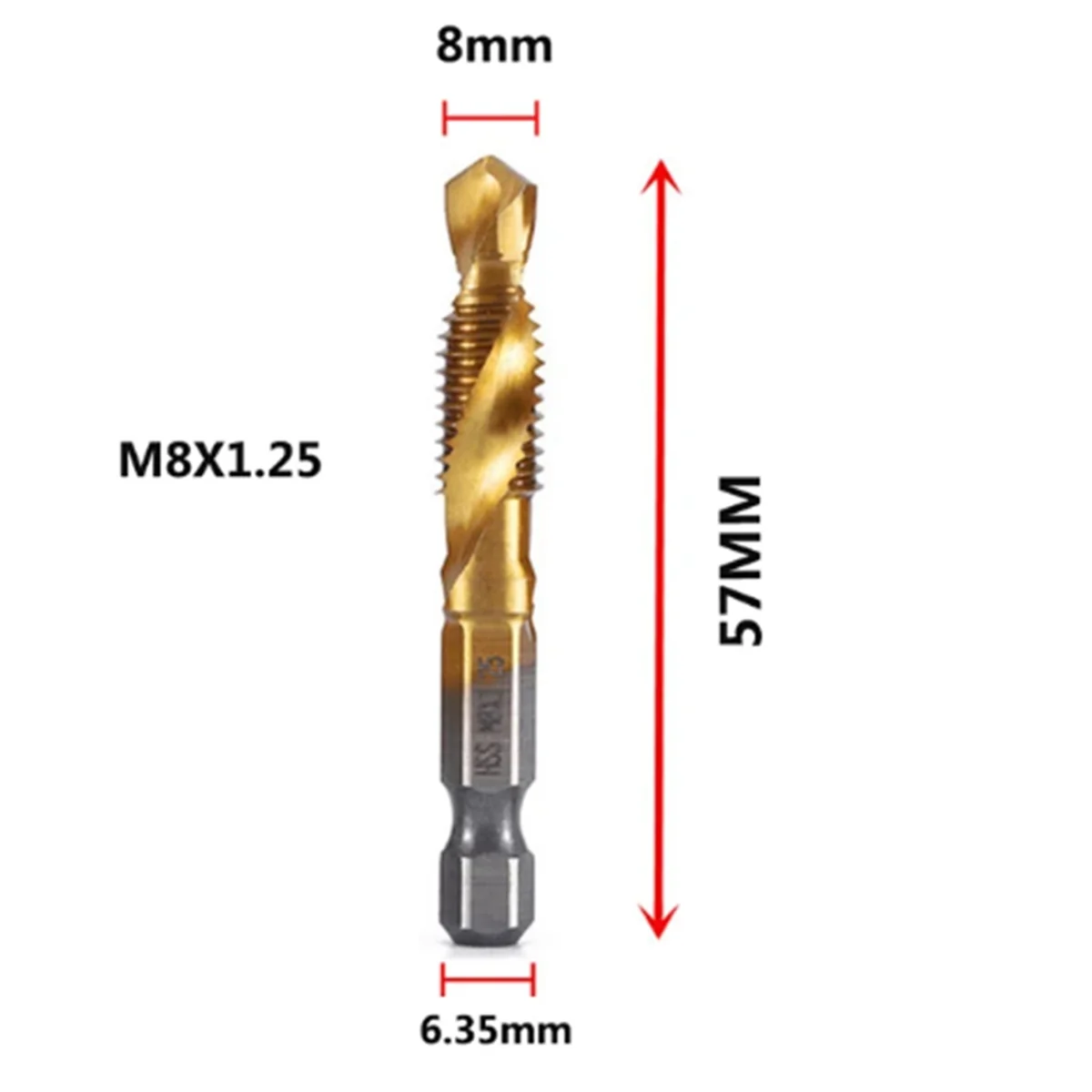 M8x1.25 Hex Shank Titanium Plated HSS Screw Thread Metric Tap Drill Bits Screw Machine Compound Tap Open Chamfer Tool