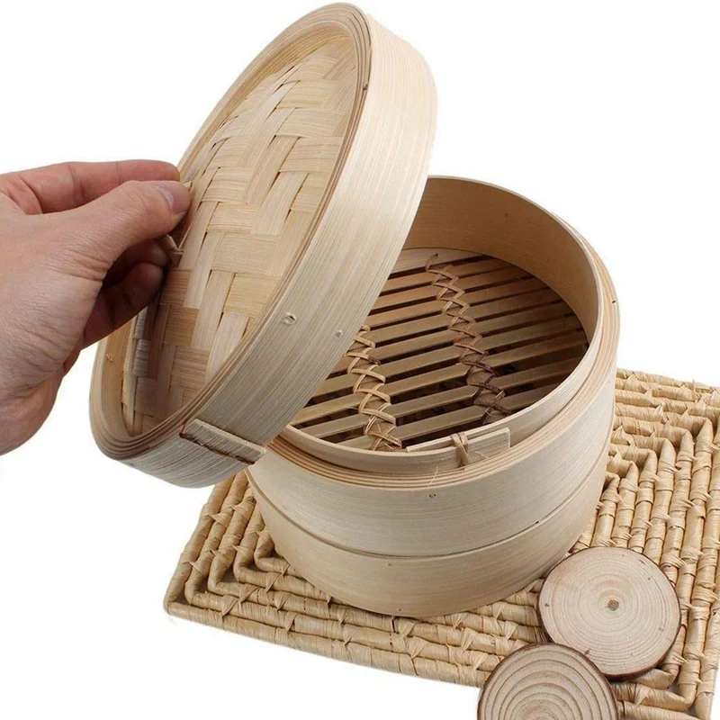 2X Bamboo Steamer 2 Tier 8 Inch Dim Sum Basket Rice Pasta Cooker Set With Lid By Steam Basket For Vegetables