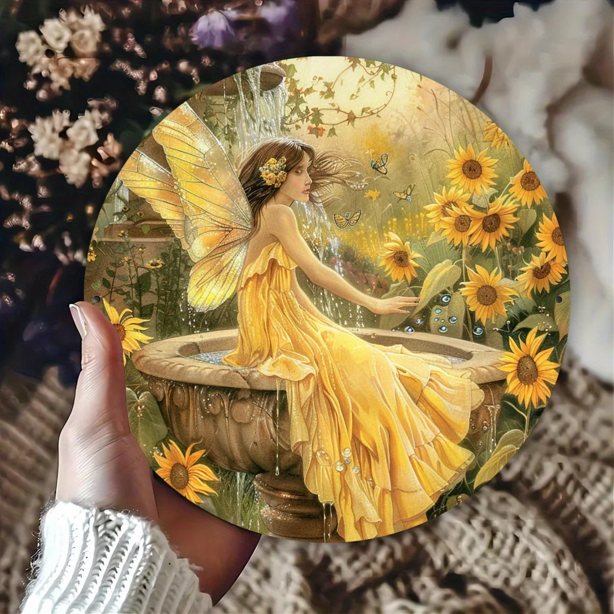 1pc Vintage Fairy and Sunflowers Aluminum Wall Art - Round Metal Sign, Pewter Finish, Indoor/Outdoor Decor for Home, Restaurant,