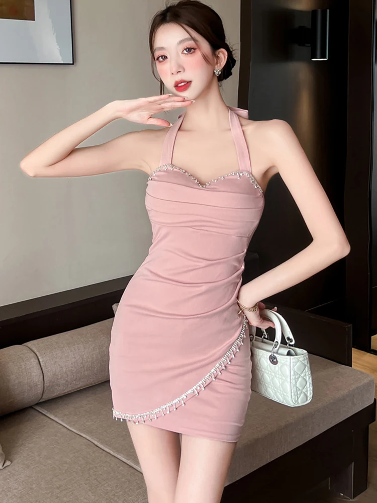 

Women Pink Knitted Chic Diamonds Casual Short Dress Summer Elegant Neck-mounted Sexy Dress 2025 Korean Bodycon Birthday Dresses