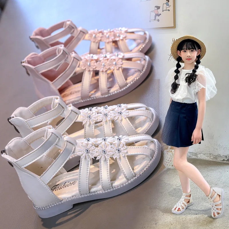 Children's Sandals 2025 Summer New Closed-toe  Anti Collision Children's Roman Beach Sandals Fashion Flower Girl Princess Shoes