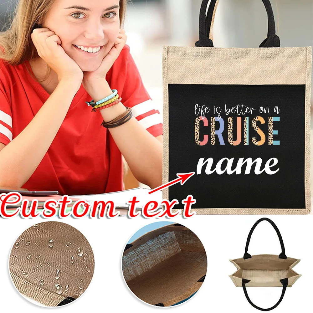 

Персонализированная хлопково-льняная сумка для покупок с именем, пляжная сумка-органайзер, портативный мешочек, винтажная хозяйственная сумка из льна