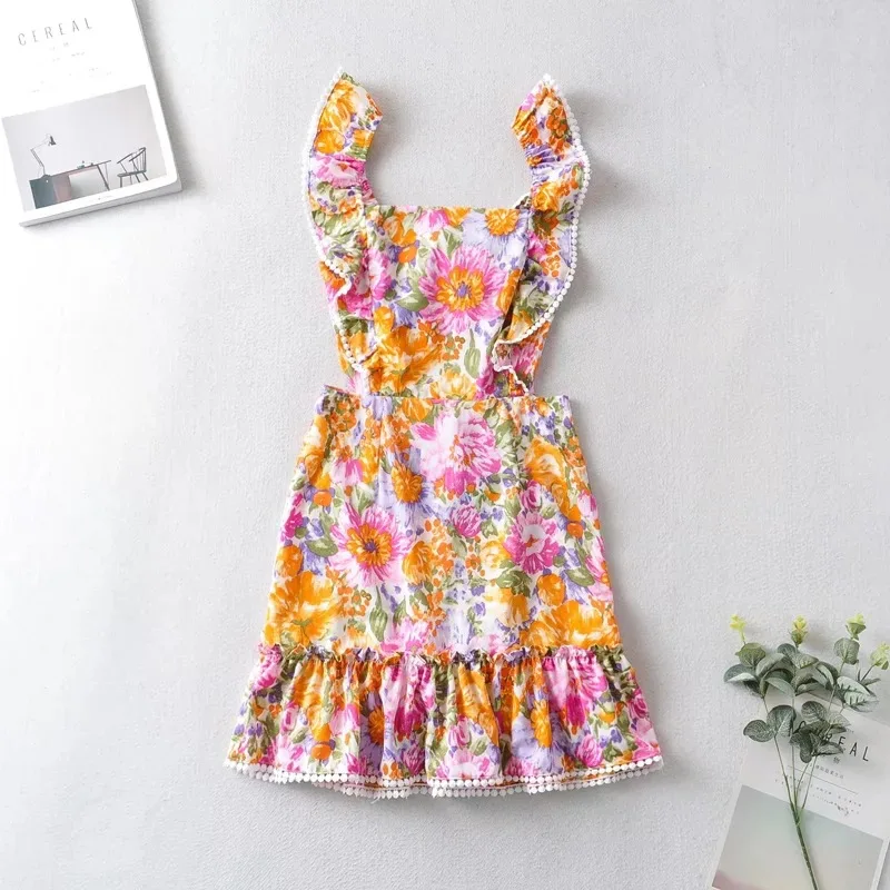 Instagram fashion seaside holiday wind ball ruffled jumpsuit new European and American French print slip dress