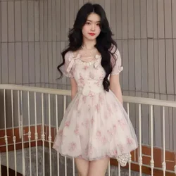 여성용 꽃무늬 스위트 미니 원피스, 프렌치 우아한 요정 원피스, 한국 패션, 귀여운 파티, Y2k
