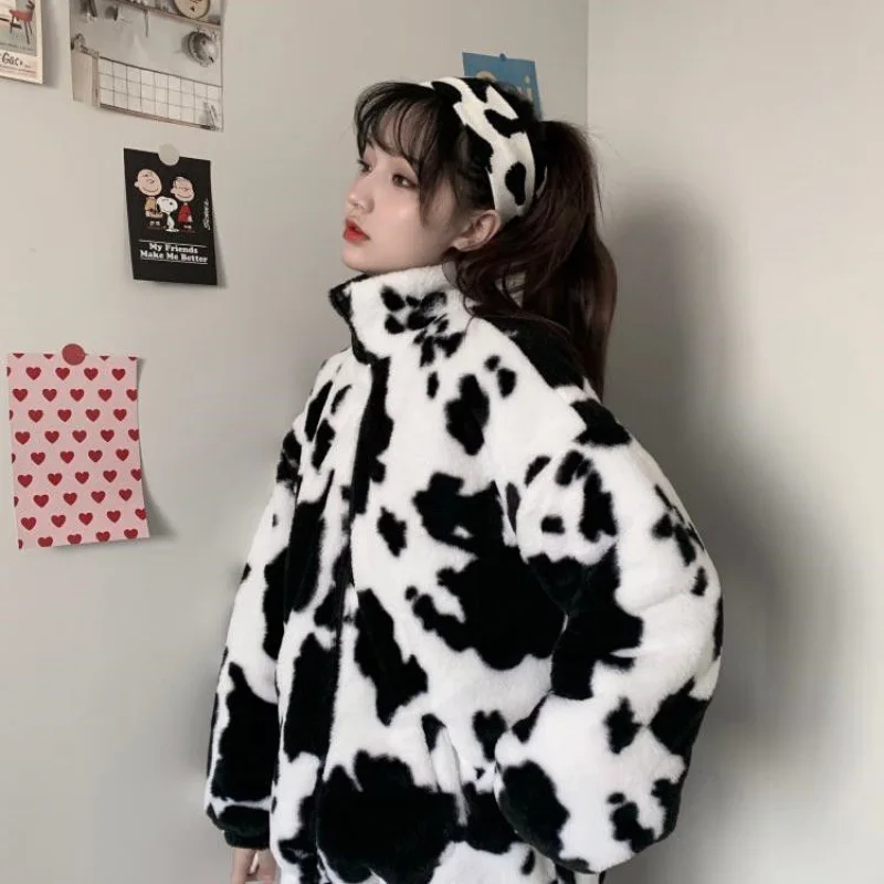 Cow Printed Women Hoodies Autumn Winter Warm Female Hooded Sweatshirts Zipper Long Sleeve Ladies Girls Hoodies Oversized Tops