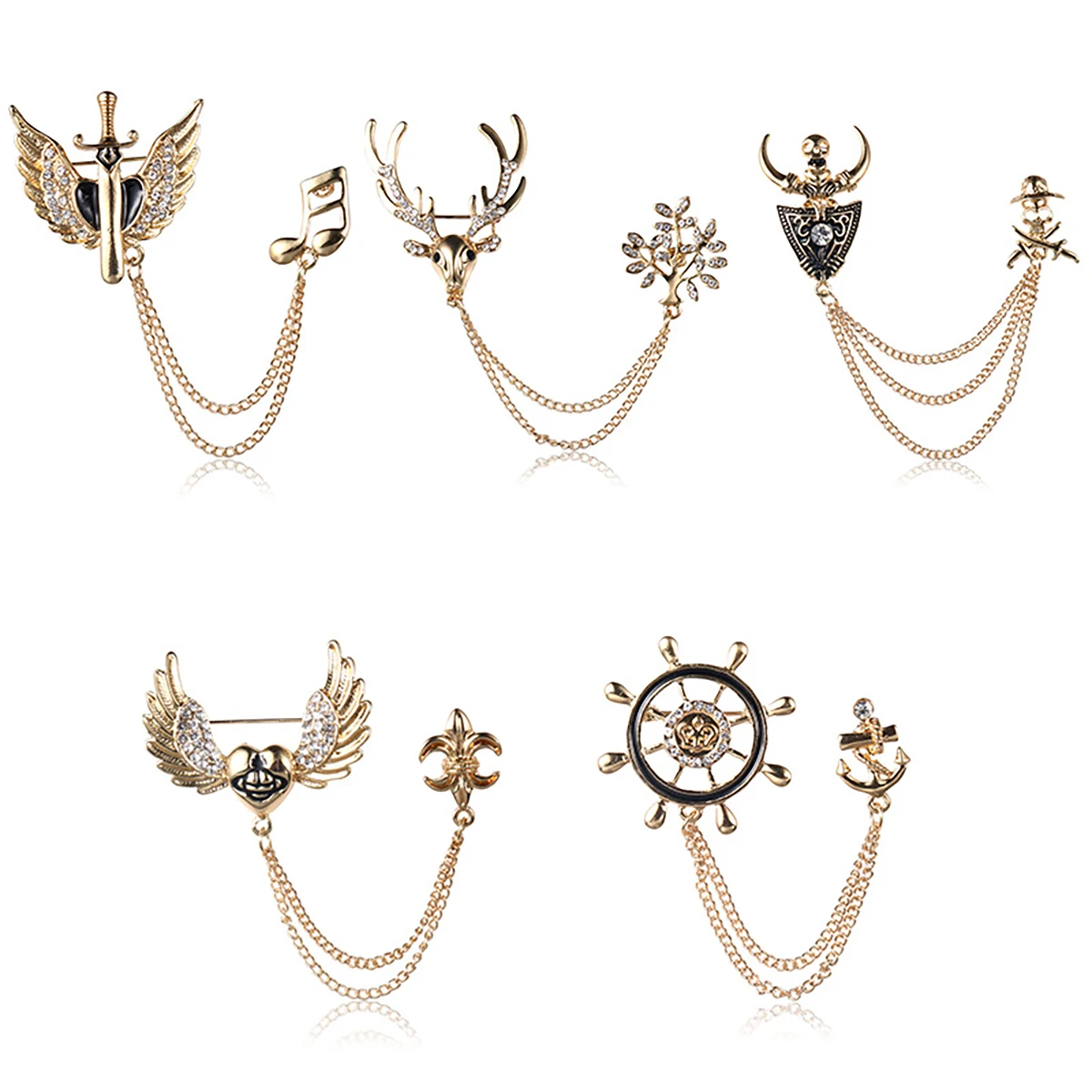 بروش رجالي فاخر أنيق مصنوع من خليط معدني مرصع بحجر الراين والكريستال دبوس على شكل زهرة وسلسلة على شكل طية صدر السترة لحفلات الزفاف