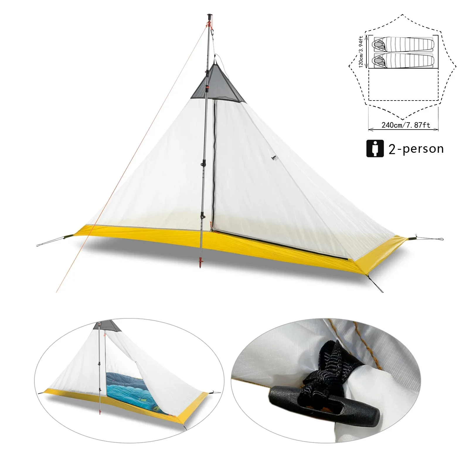 620g Ultralekki 2-osobowy namiot wewnętrzny 40D Nylon Silicon Coating Outdoor 4 Seasons Camping Tent Rodless Pyramid Marquee Duży namiot