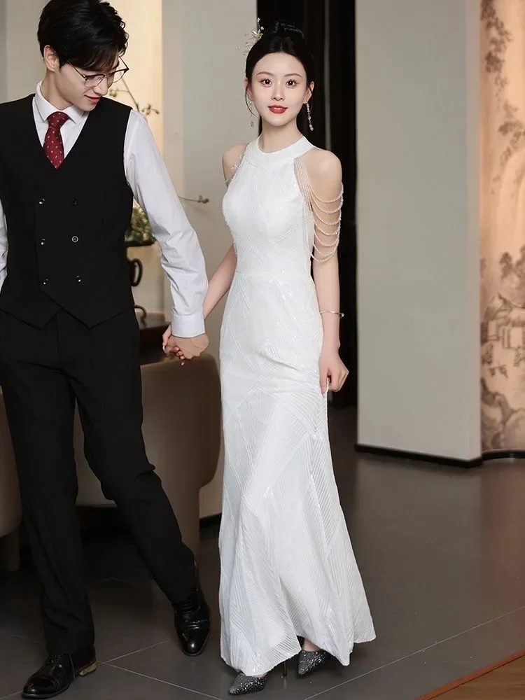 Evening dress No. 59 women 2024 new high-end engagement halter toast dress bride morning gown