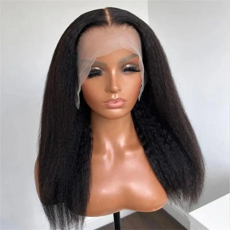 Yaki Wig renda rambut asli untuk wanita, Wig renda depan rambut lurus Kinky hitam alami dengan ketebalan 180 panjang 26 inci untuk wanita