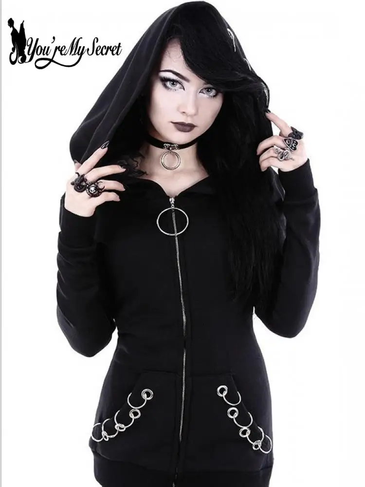 

[You're My Secret] Women Hoodies Gothic Punk Iron Ring Sweatshirts Autumn Winter Long Sleeve Zip-Up Black Jacket Ladies Coat