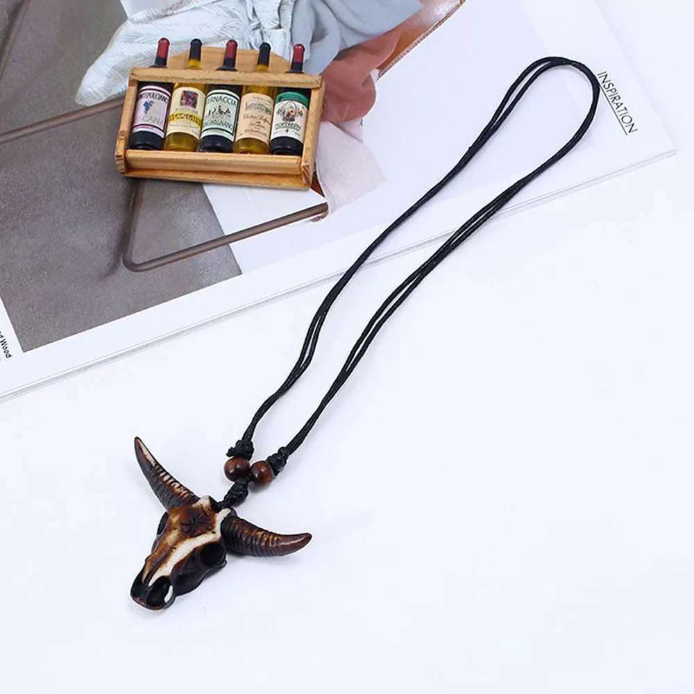 Vintage Resin Cow Head Necklace With Rosary Hand Braided Black Rope Minority Tourist Area Jewellery Tribal Style Necklace Gifts