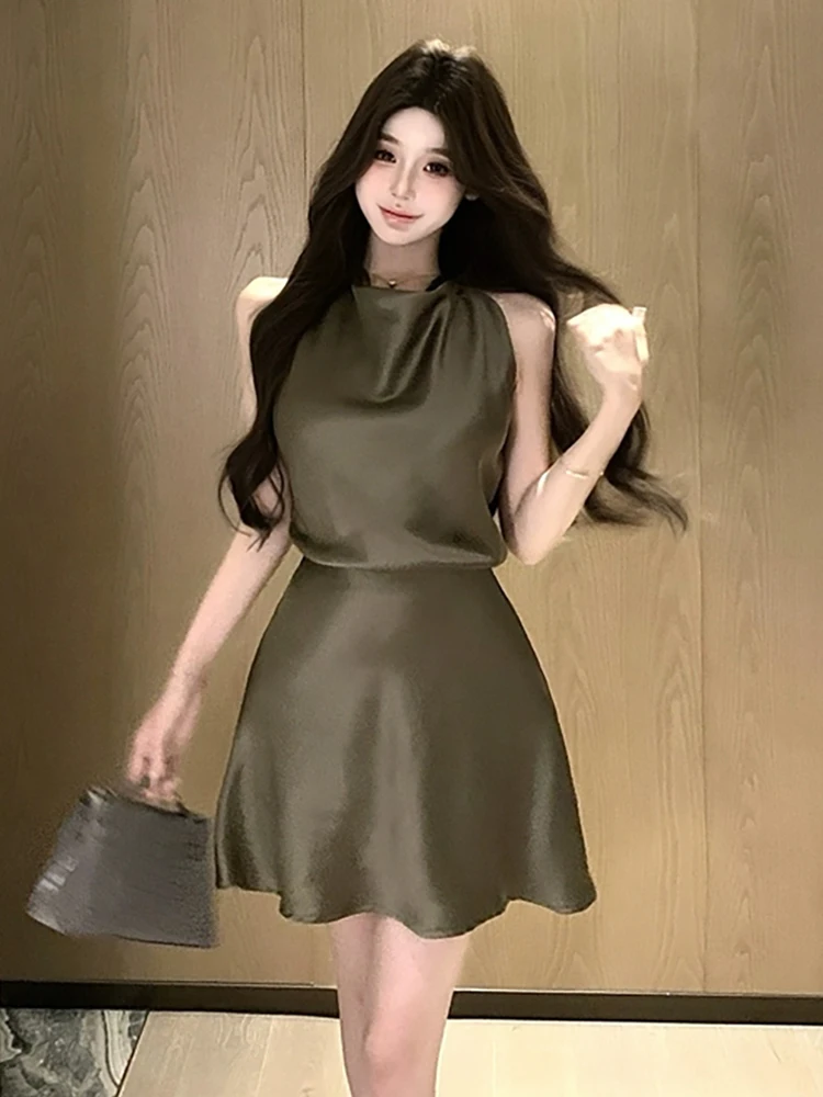 RORORIRI Draped COLLAR ซาตินชุดมินิผู้หญิงแขนกุด Off-Shoulder Slit Backless Desire One-piece Retro Elegant เสื้อผ้า