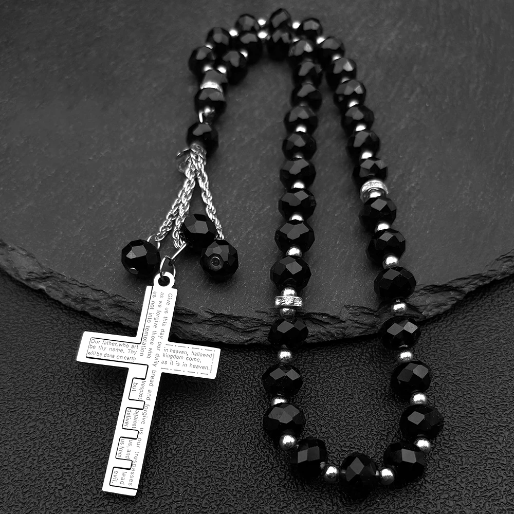 

Christian Bible Jesus Cross Car Pendant for Men Women Stainless Steel Gold Color Glass Prayer Beads Chain Amulet Jewelry