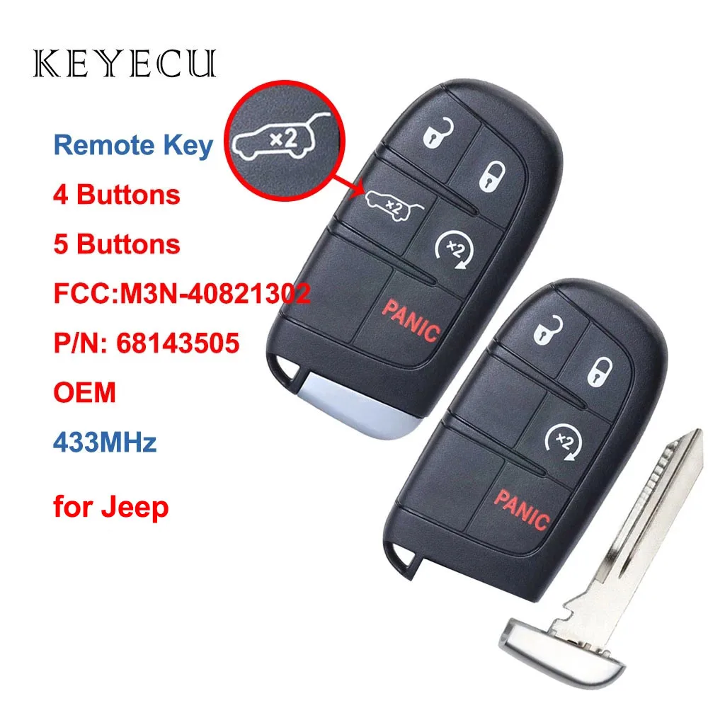 

Keyecu OEM Smart Remote Car Key Fob 4 5 Buttons 433Mhz for Jeep Grand Cherokee 2014-2018, FCC ID: M3N-40821302, P/N: 68143505