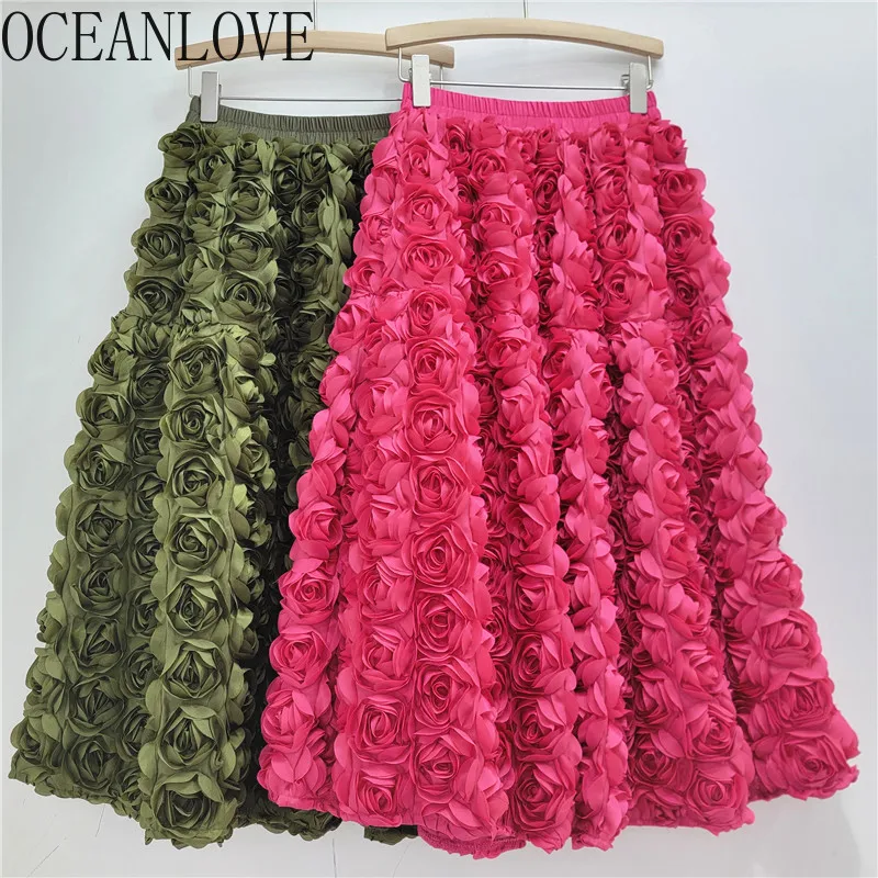 OCEANLOVE 3D Flowers Women Skirts Spring Autumn Vintage Elegant Faldas Mujer A-line Korean Fashion High Waist Long Skirt