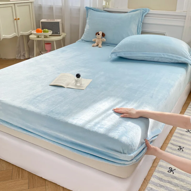 Winter Warm Plush Sheet Set Fitted Sheet Pillowcases Elastic Mattress Cover Fluffy Milk Fleece Bed Linen Double Bed Protector 이불