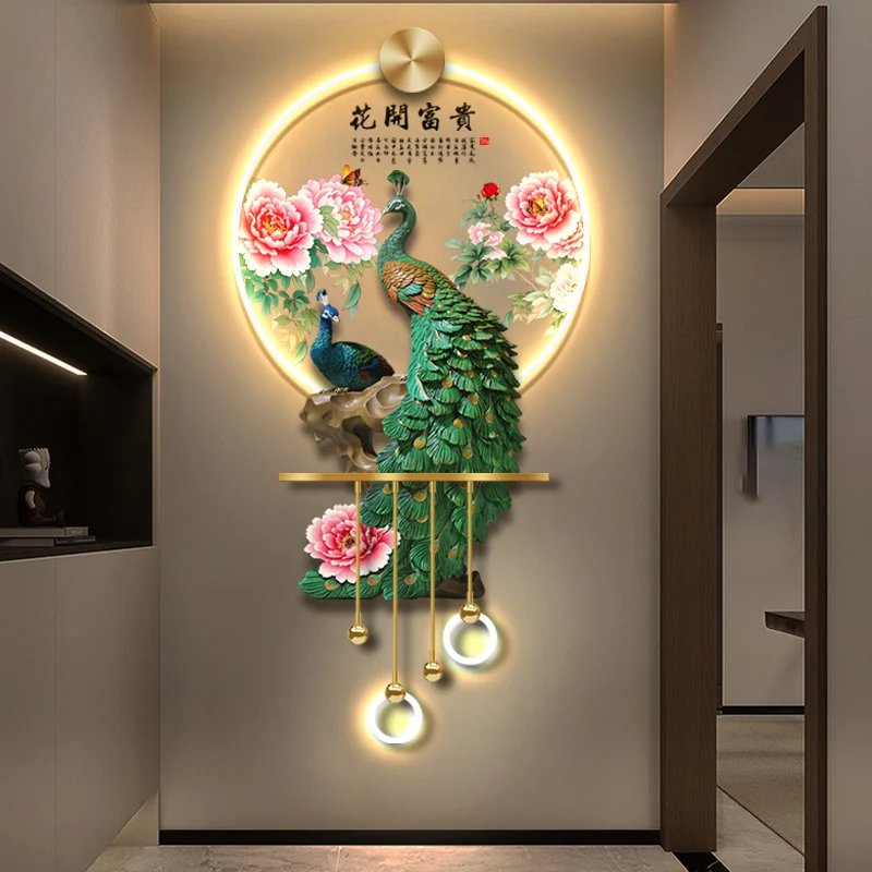 Peacock Living Room Corridor LED Wall Light, Painting for TV Background Wall, Peony Flower Wall Hanging at Entrance, With Light