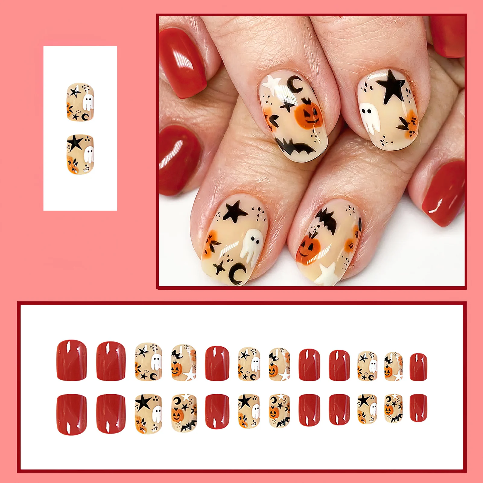 Orange Red Fake Nails with Halloween Theme Chip-Proof Smudge-Proof Fake Nails for Hot Girl Dress Matching