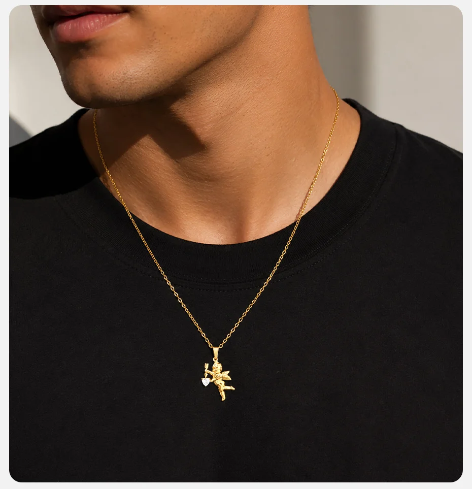 Vnox Goldfarbene Amor-Engel Anhänger Halskette, Edelstahl Herz CZ Stein O-Kette für Männer Frauen, Hip Hop Liebesschmuck Geschenk – Detail 3