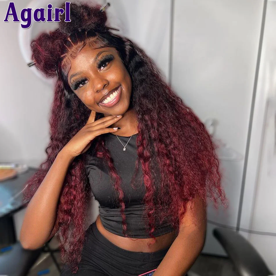 Ready To Go Wig Ombre 1B 99J Deep Wave 6x4 Closure Lace Wig Pre Plucked Curly Human Wig Red with Black Water Wave 180% 32 34Inch