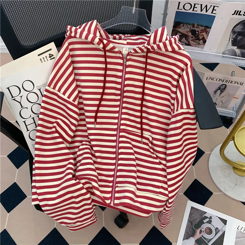 Short Striped Hooded Zip-up Cardigan Jacket for Women Women Vintage Harajuku Casual Long Sleeve Loose Hooded Sweatshirts Y2k