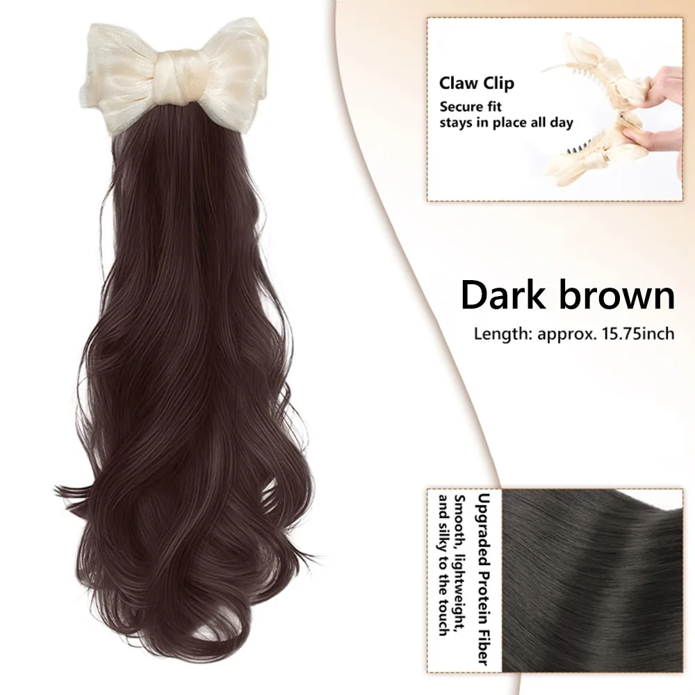 

Лунная пряжа с бантом, хвостик, парик, зажим для волос, элегантный наращивание волос, парик с хвостиком, длинный волнистый парик, низкий хвост, зажим для волос