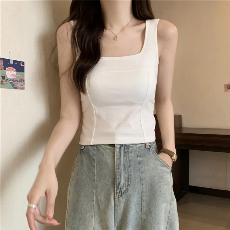 Women Sleeveless Crop Top Y2K Tank Top Women's T-shirt Camisole with Bra Pad Cotton Square Collar Sexy Vest Beauty Back