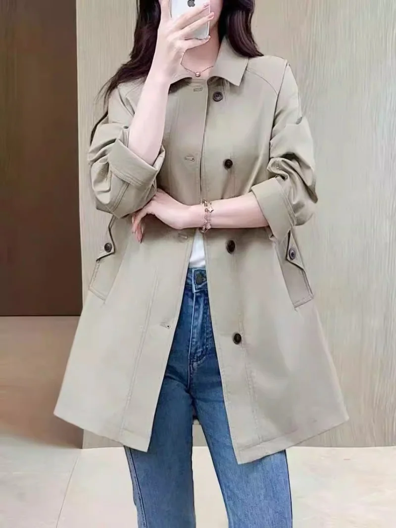 

Women's Spring Trench Coat – Loose Fit Khaki Double-Breasted Medium Length Windbreaker with Flared Collar, Commuting Jacket J41